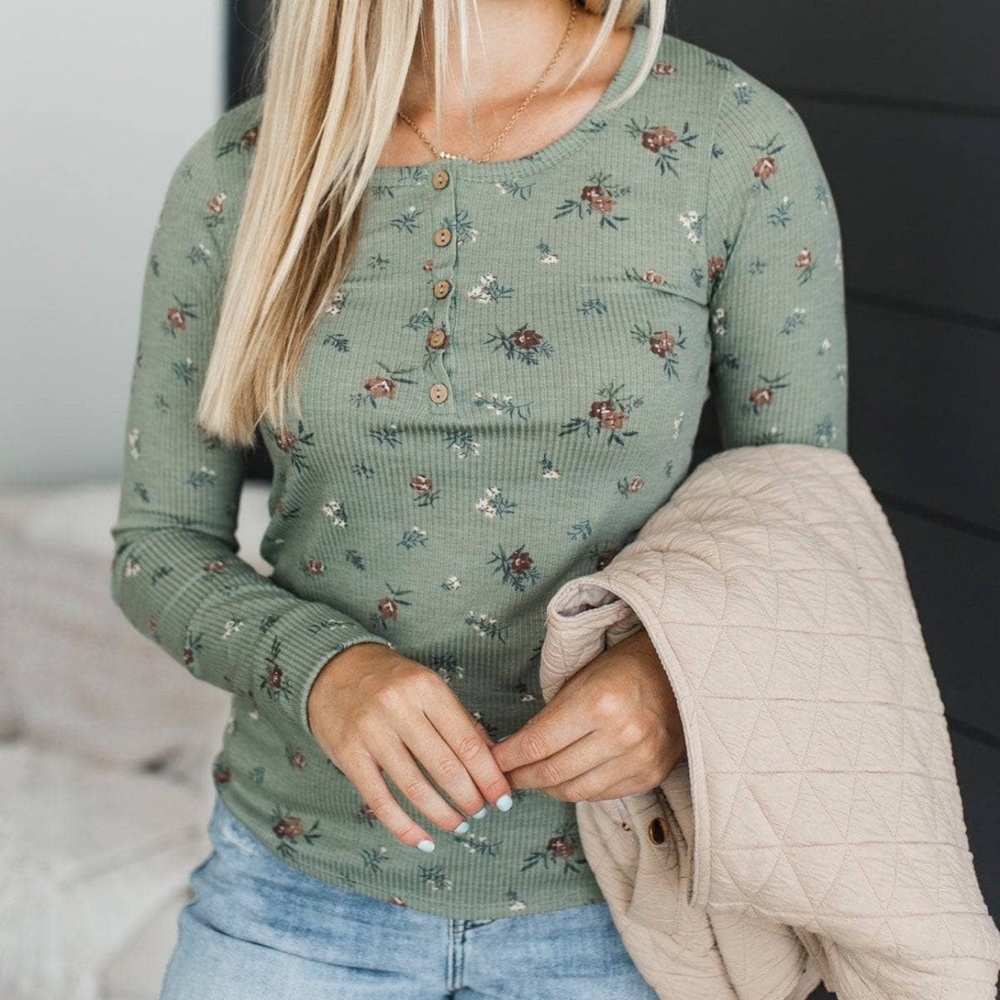 Floral Green Ribbed Women's Top